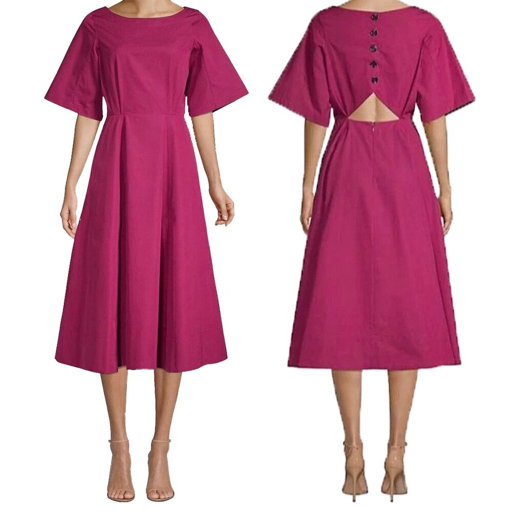 Derek Lam Dress Womens 4 Pink A-Line Midi Back Cutout Button Detail Short Sleeve